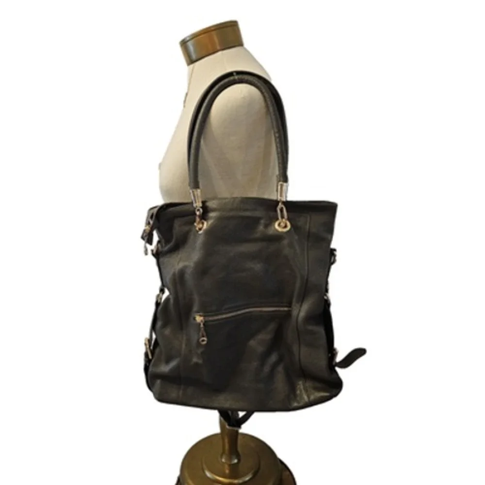 Charcoal Grey Pebbled Leather Tote Bag Gold Hardware Crossbody Large Handbag